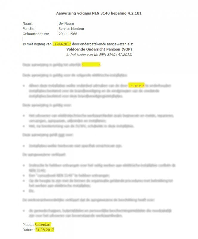 Voorbeeld aanwijsbrief NEN 3140
