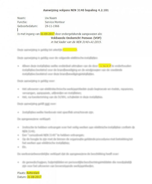 Voorbeeld aanwijsbrief NEN 3140